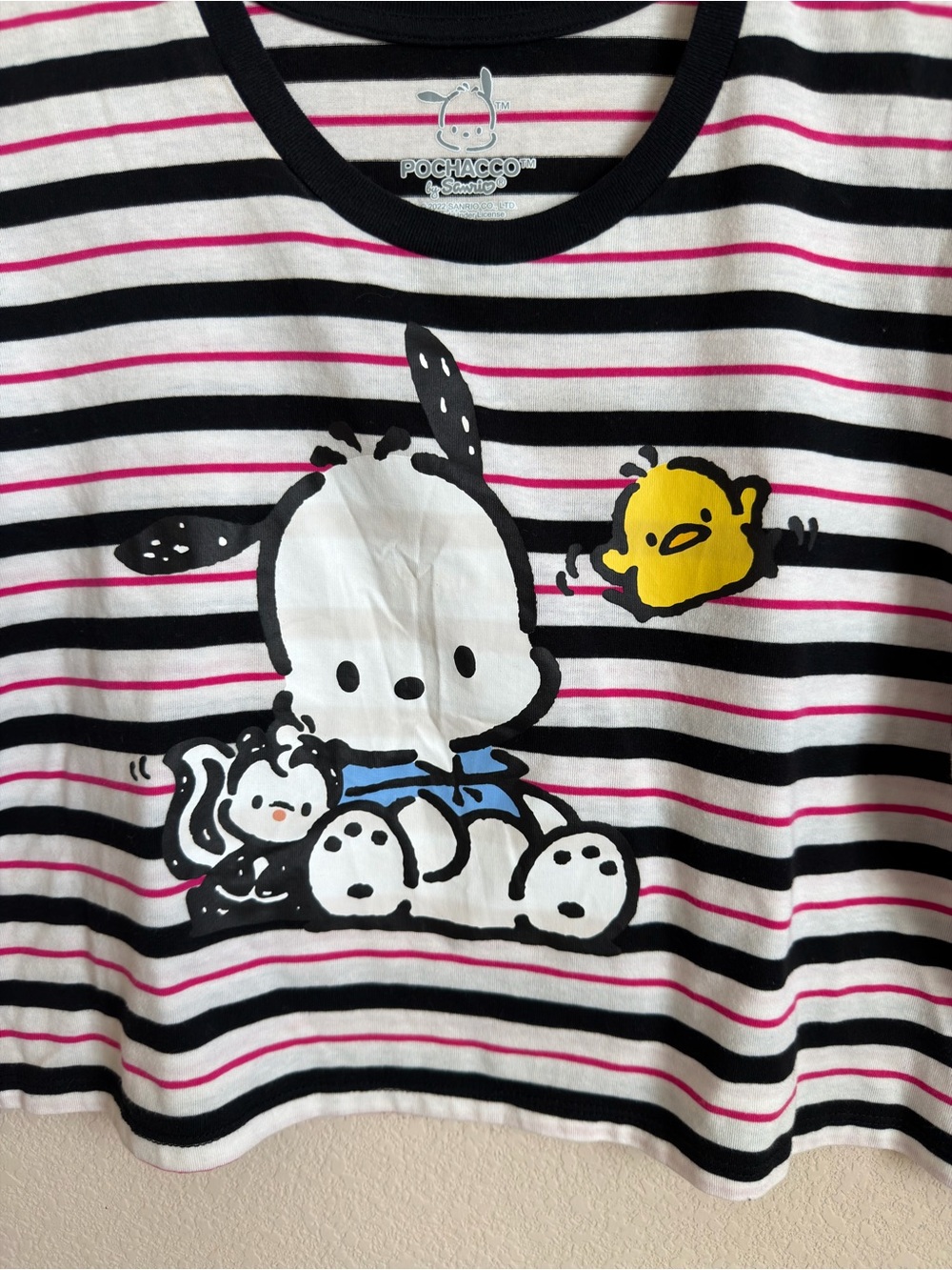 Sanrio Pochacco Striped Graphic Crop Tee Top Black Pink White Kawaii Size XL - Picture 5 of 6